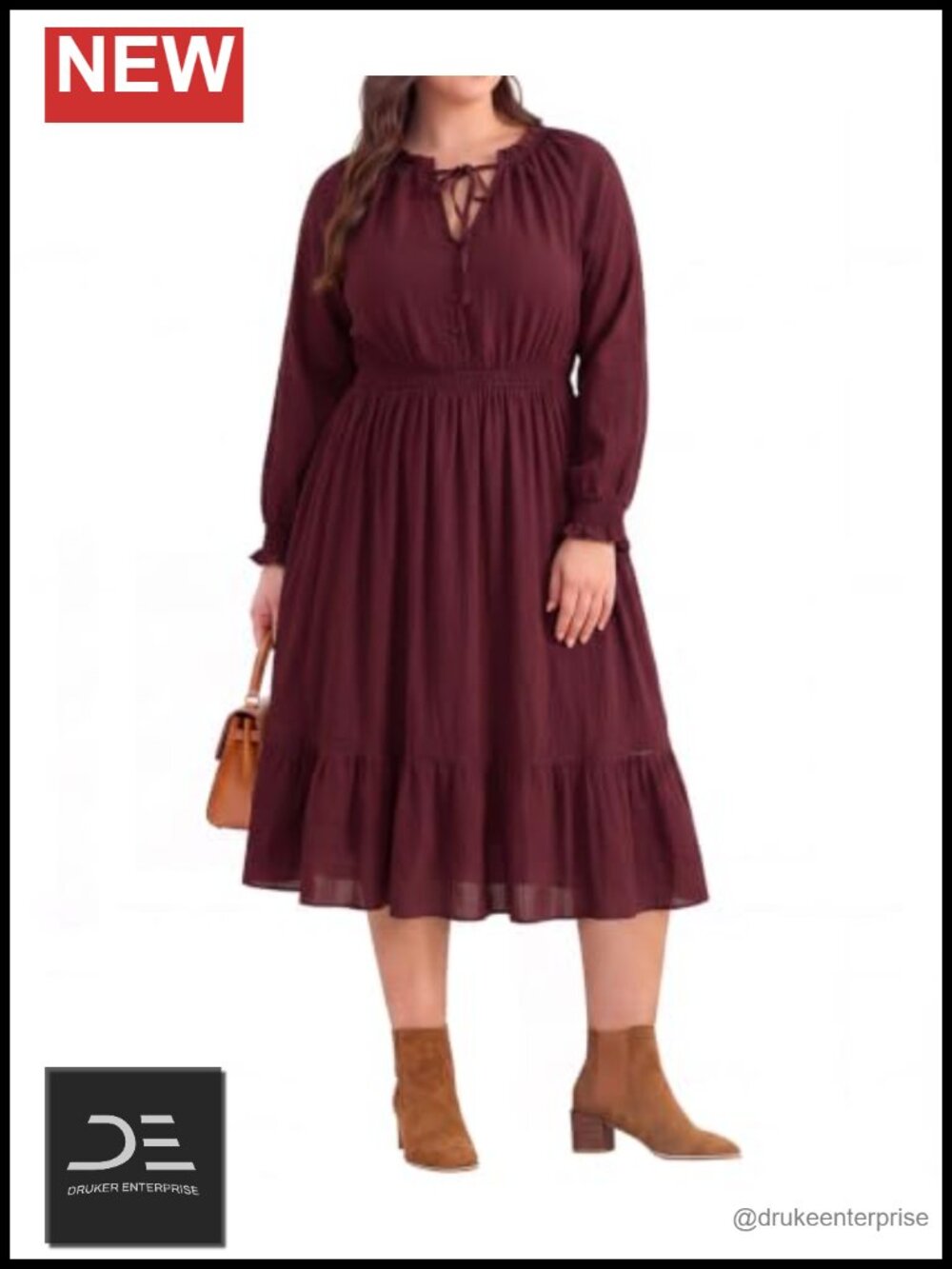 Plus Size Midi Dress V Neck Long Sleeve Wedding Guest Fall Dress